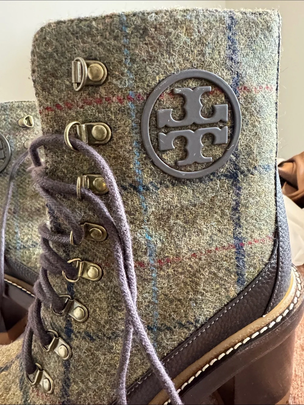 TORY BURCH Tweed Lace-Up Block Heel Ankle Boots - Olive Plaid - Picture 2 of 10